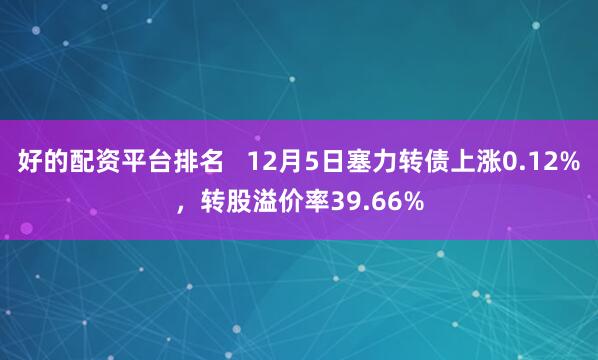 好的配资平台排名   12月5日塞力转债上涨0.12%，转股溢价率39.66%